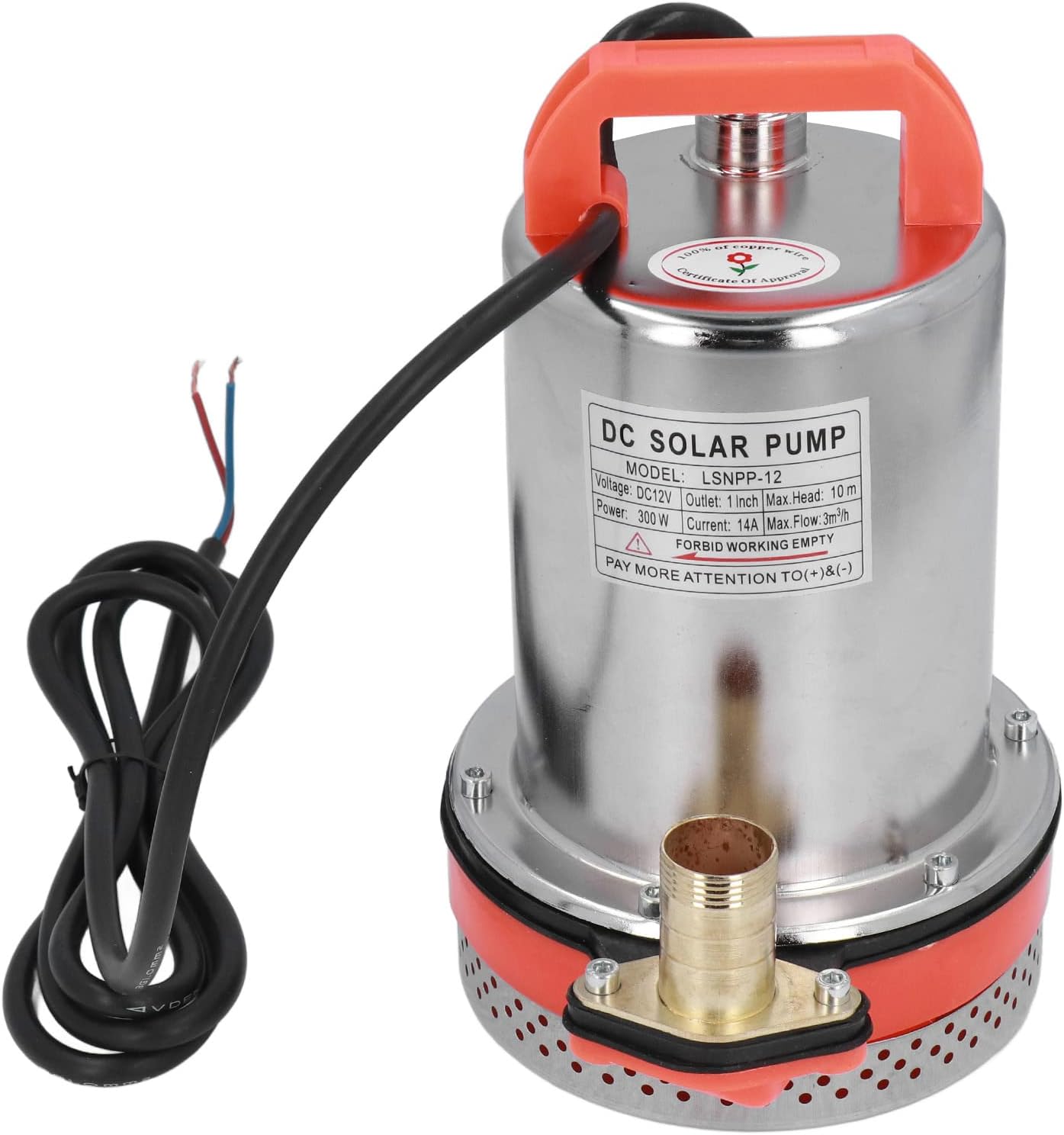 12V DC Submersible Well Water Pump with 10ft Cable, 300W 1 inch Outlet Stainless Steel Well Booster Pump Head Pump Farm Ranch pond, Max Lift 230ft/70m