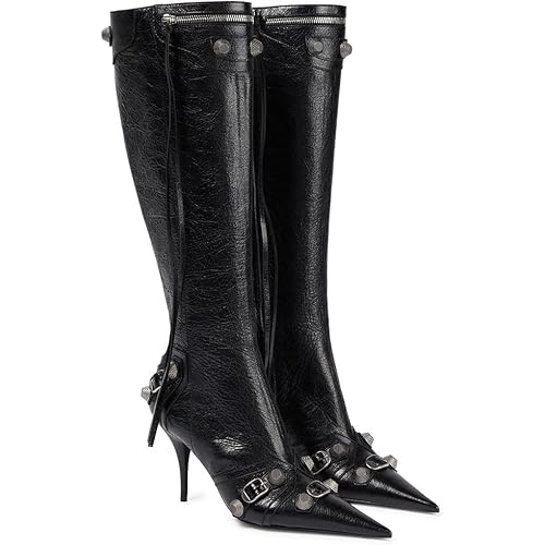 VOMIRA Knee High Boots Sexy Pointed Toe Rivets Tassels Stilettos High Heels Fashion Party Dressy Stripper Heels for Women
