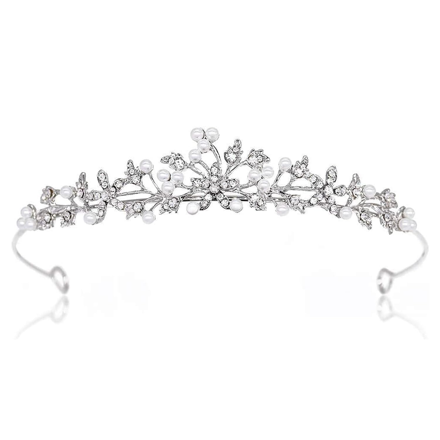 Elegant Flower Rhinestone & Pearl Crown Headband - Bridal Wedding Tiara for Women, for Bride, Flower Girl, Party - Luxurious Rhinestone & Pearl Design for Special Occasions