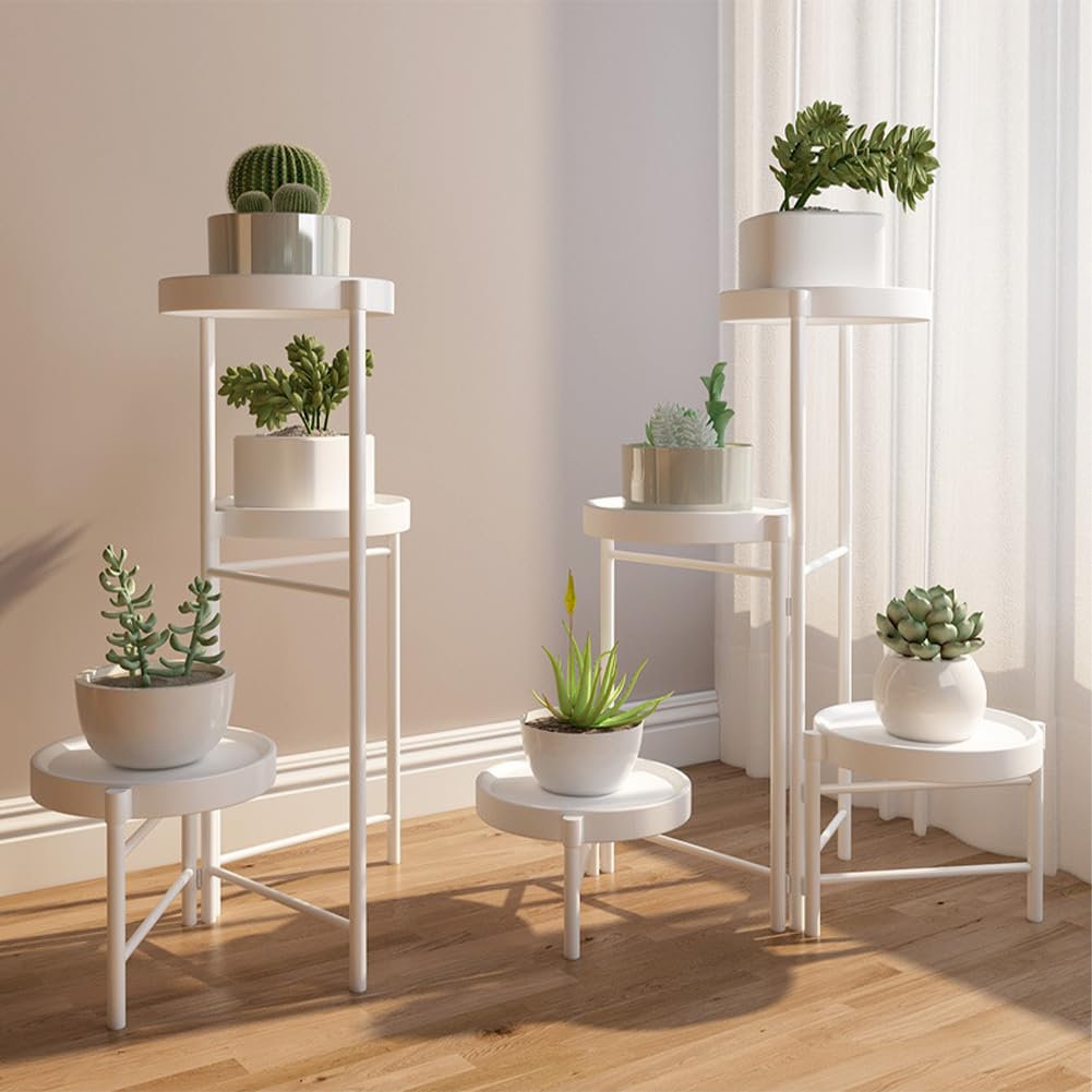 4 Etagen Pflanzenständer Metall Blumenständer Pflanzenregal Blumenregal Indoor Outdoor, Faltbar Blumentreppen mit Abnehmbaren Tabletts für Garten Balkon Wohnzimmer, Weiß Stil B