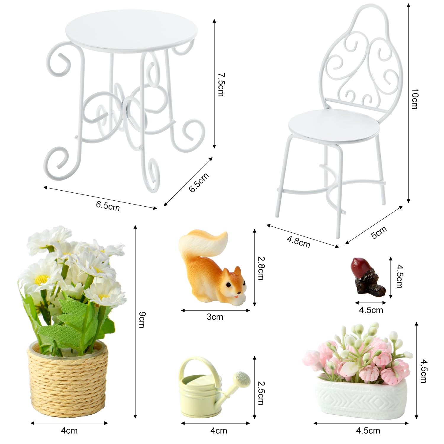 Minamzee 1/12 Scale Dollhouse Table Chair Sets, 9Pcs Metal Miniature Patio Sets, Dollhouse Fairy Garden Bistro Outdoor Furniture Accessories with Jasmine, Daisies, Squirrel and Kettle