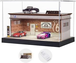 SIKIVOT 1/64 Scale Hot Wheels Display Case ，Parking Lot Model Car，Die-cast Car Garage Display Case， Hot Wheels Parking Garag，8 Parking Space with LED Light and Acrylic Cover (7641 Red Brick Wall