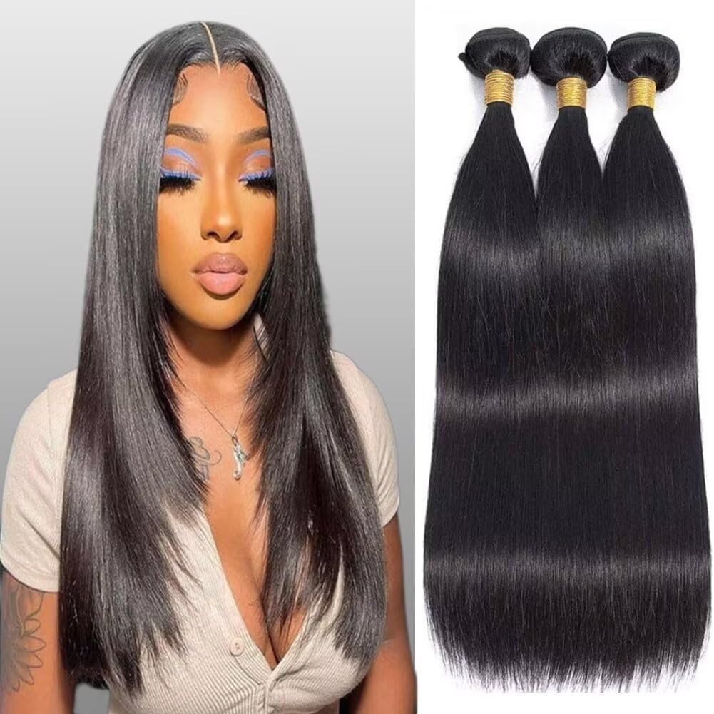 Human Hair Bundles 12A Brazilian Straight Human Hair Bundles 100% Unprocessed Remy Straight Weave Bundles Human Hair Double Weft Hair Bundles 295-300g Total Natural Color 20 20 20 Inch
