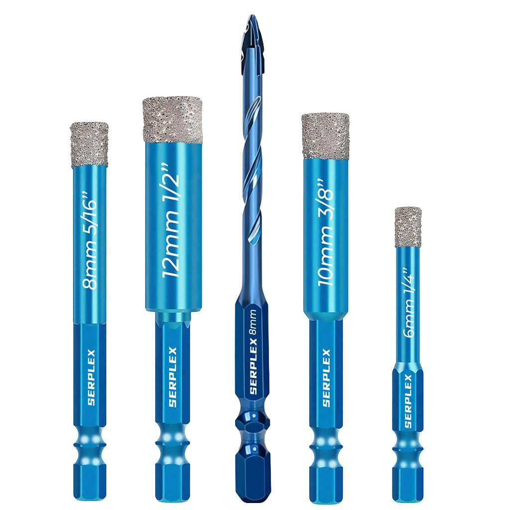 Serplex® 5Pcs Tile & Glass Drill Bit Set 6-12mm Diamond Coated Core Bits with 8mm Twist Drill and 1/4-Inch Hex Shank for Electric Drills Compatible with Ceramic, Masonry, Concrete, and Glass Tasks-image-19