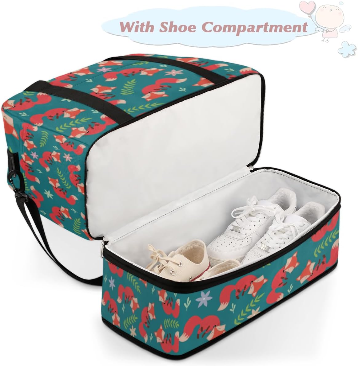 QsirBC Fox Animals Gym Bag for Women Duffle Tote with Shoes Compartment Men Weekender Duffel for Dance Travel Sports Swimming Overnight
