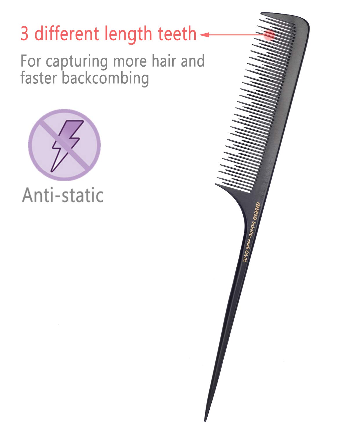 PERFEHAIR Teasing Comb for Fine Hair, Anti-static Long Bakelite Rat Tail Comb Tool for Back Combing, Root Teasing, Adding Volume