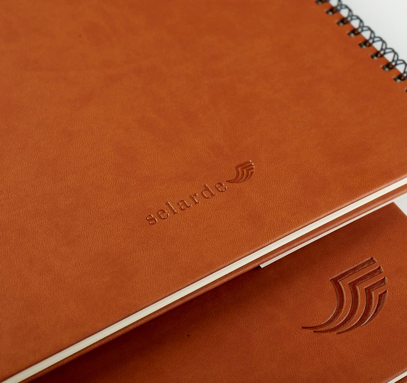 Selarde All Purpose Thermo Leather Hard Cover Notebook, 64 sheets/128 pages with Mid-Page Divider Line, 8.5 x 11 inches, 90 gsm paper, Twin-wire binding (Brown)