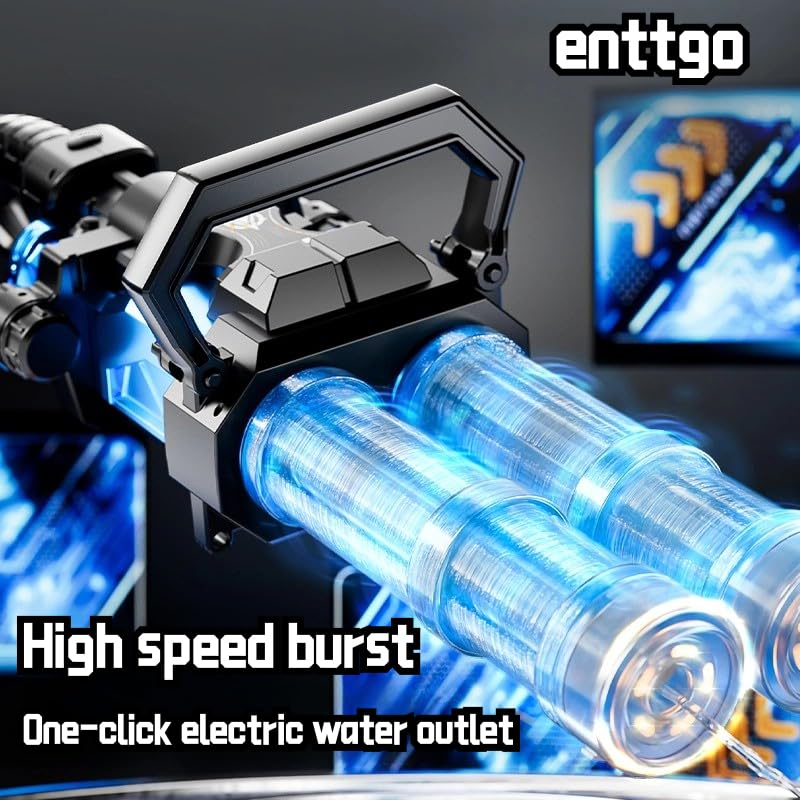 Electric Double Barrel Gatling Water Gun, Can Emit Light,Rechargeable Module Battery Included, Comes Large Capacity Backpack (Blue)