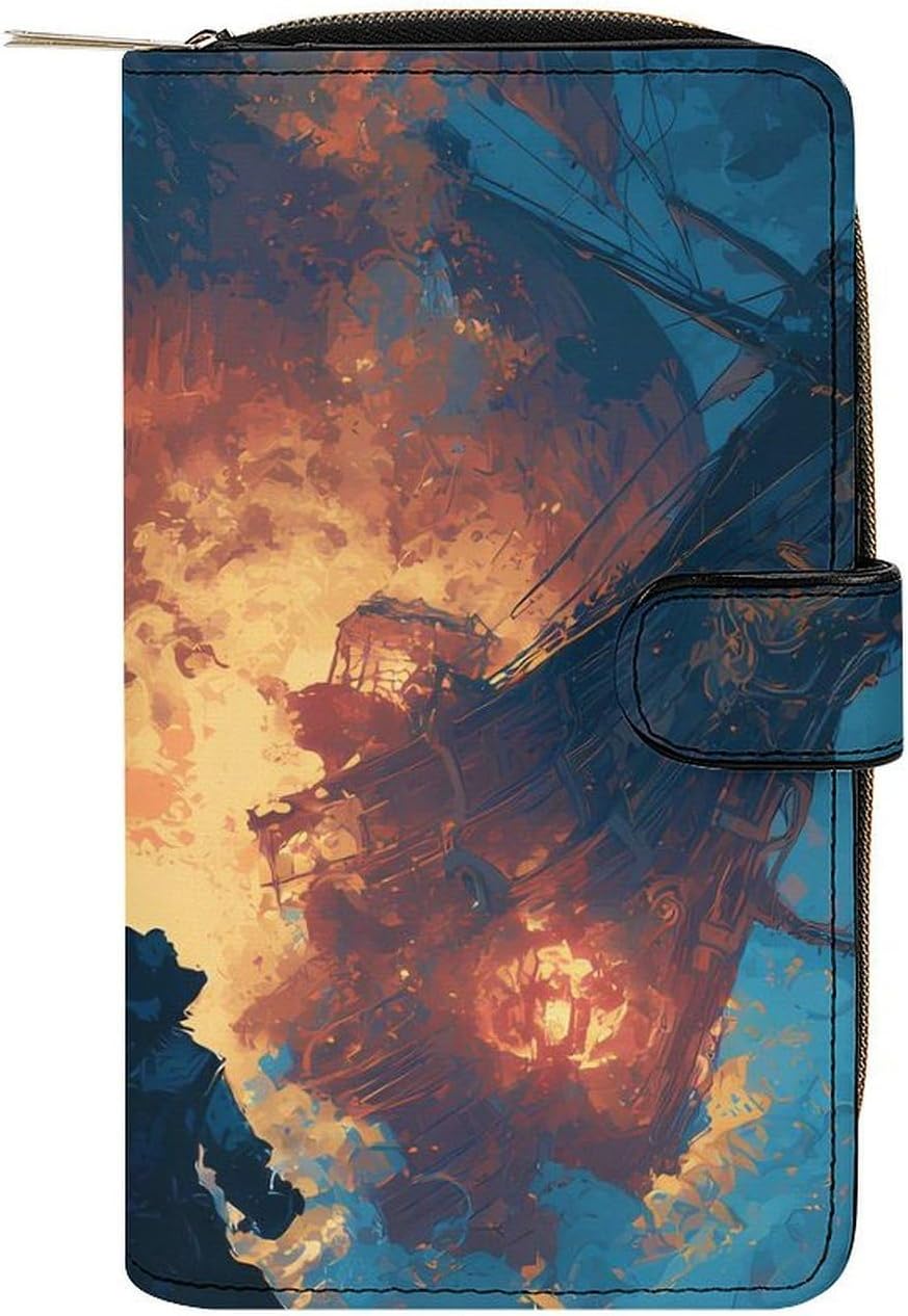 Fire Pirates Boat Treasure Chest Ship Womens Wallet for Men Slim Purse Clutch Handbag with Card Holder