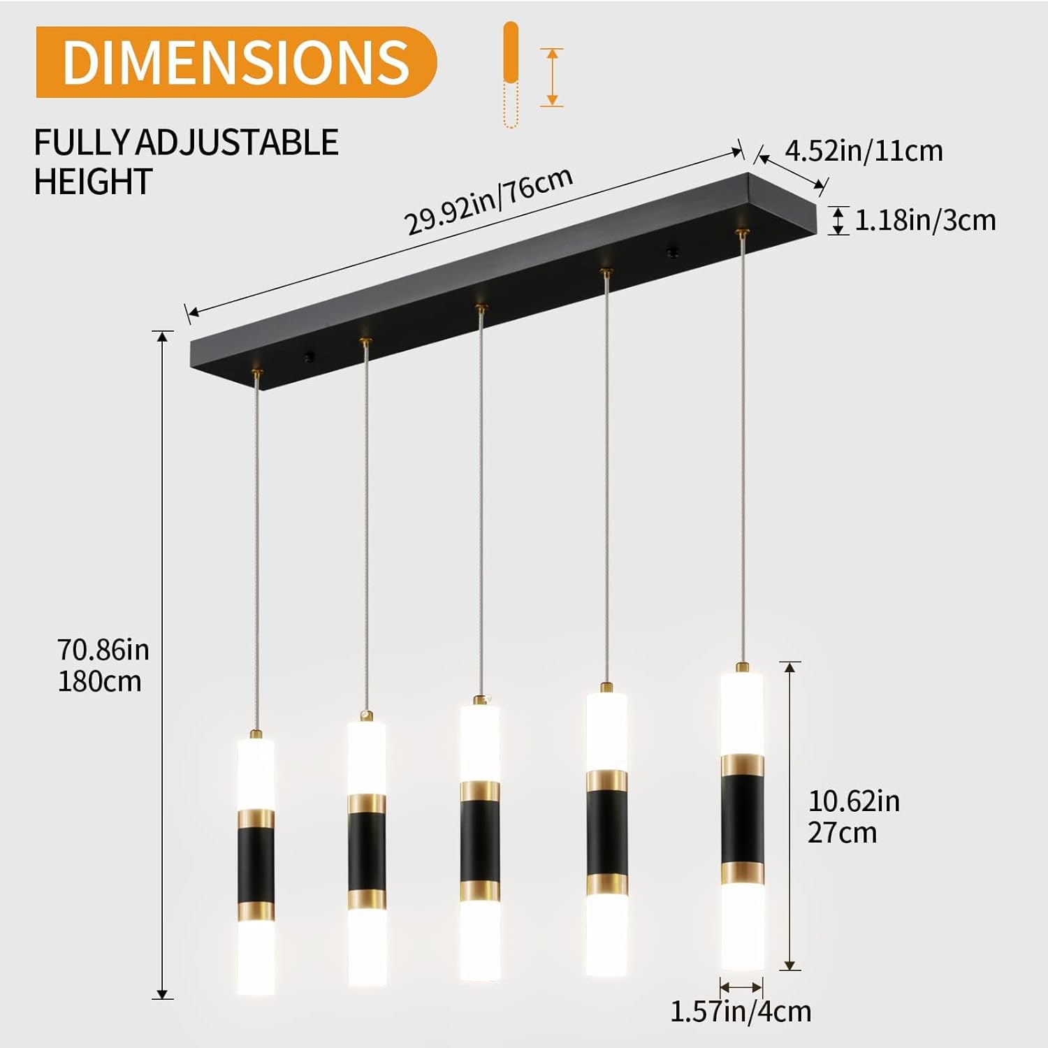 Modern Kitchen Island Dimmable LED Modern 5-Light Black Gold Pendant Light, Kitchen Island Dinning Room Black Pendant Light