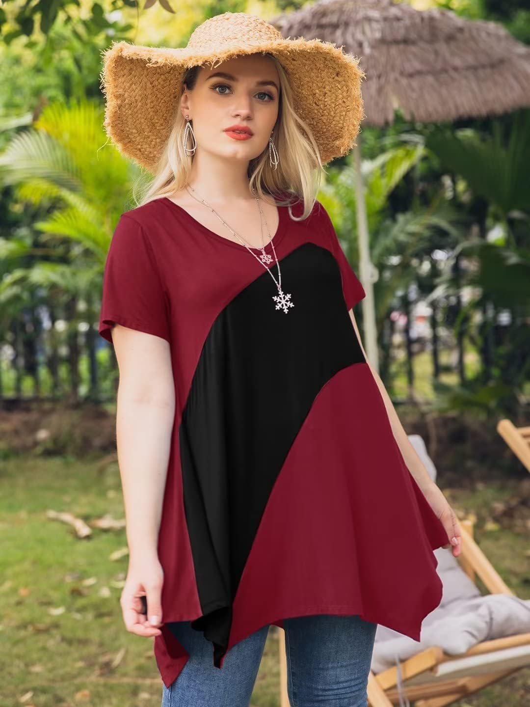 LARACE Plus Size Tops for Women V Neck Summer Shirt Short Sleeve Blouses Patchwork Tunics - Image 4