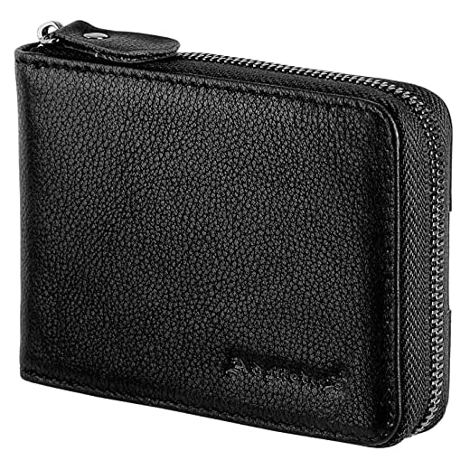 Admetus Carteira masculina com zíper de couro dobrável fina com bloqueio de RFID, zíper ao redor do porta-cartão de crédito, carteira pequena e compacta, 2, preto, P