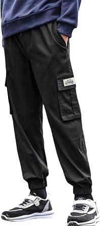 AUBIG Boys Cargo Joggers Pants Elastic Waist Casual Jogging Trousers Bottom for Kids Hiking School Sweatpants 5-16 Years
