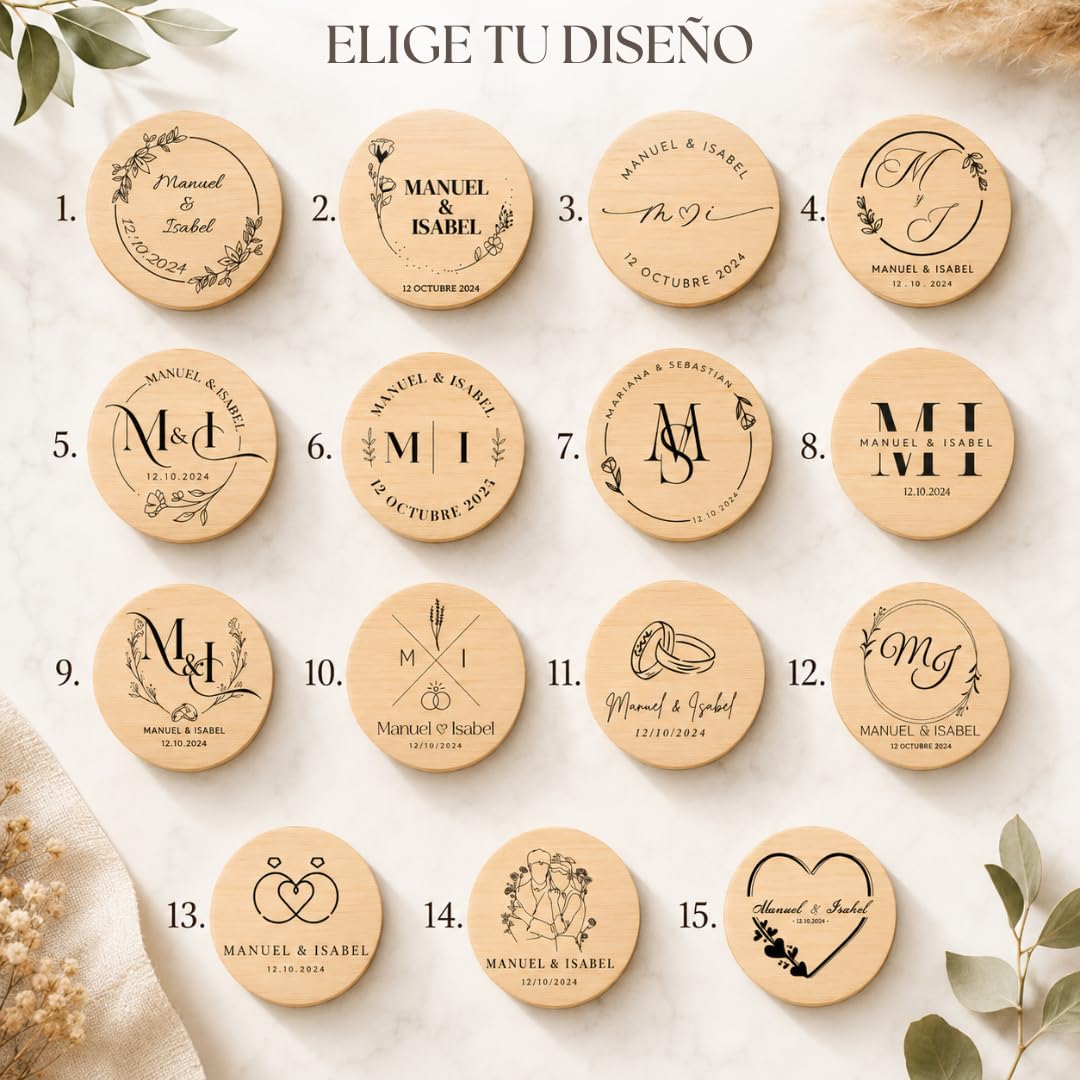 Amaisso® Espejo de Madera Personalizado para Boda con Grabado Pack 10 | Detalle para Invitados de Boda, Comunión y Bautizo | Regalo Personalizado con Nombres, Fecha y Diseño Elegante