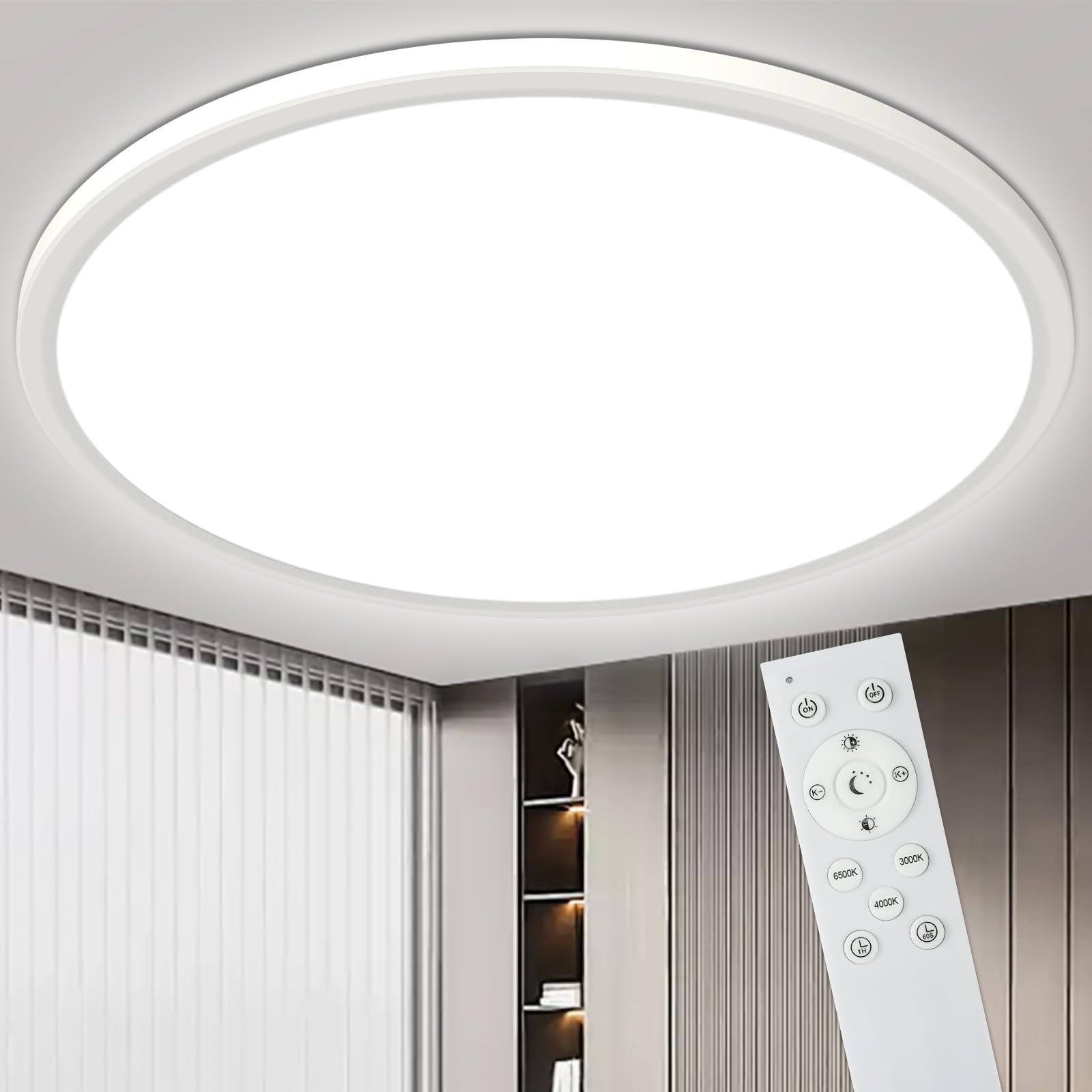 Bowfar LED Deckenleuchte, 36W Rund Deckenlampe Flach mit Fernbedienung Dimmbar 3000K-6500K, Modern Küchenlampe Ultra Dünn 2.5CM Schlafzimmer Lampe für Wohnzimmer Kinderzimmer Badezimmer Keller Ø39cm