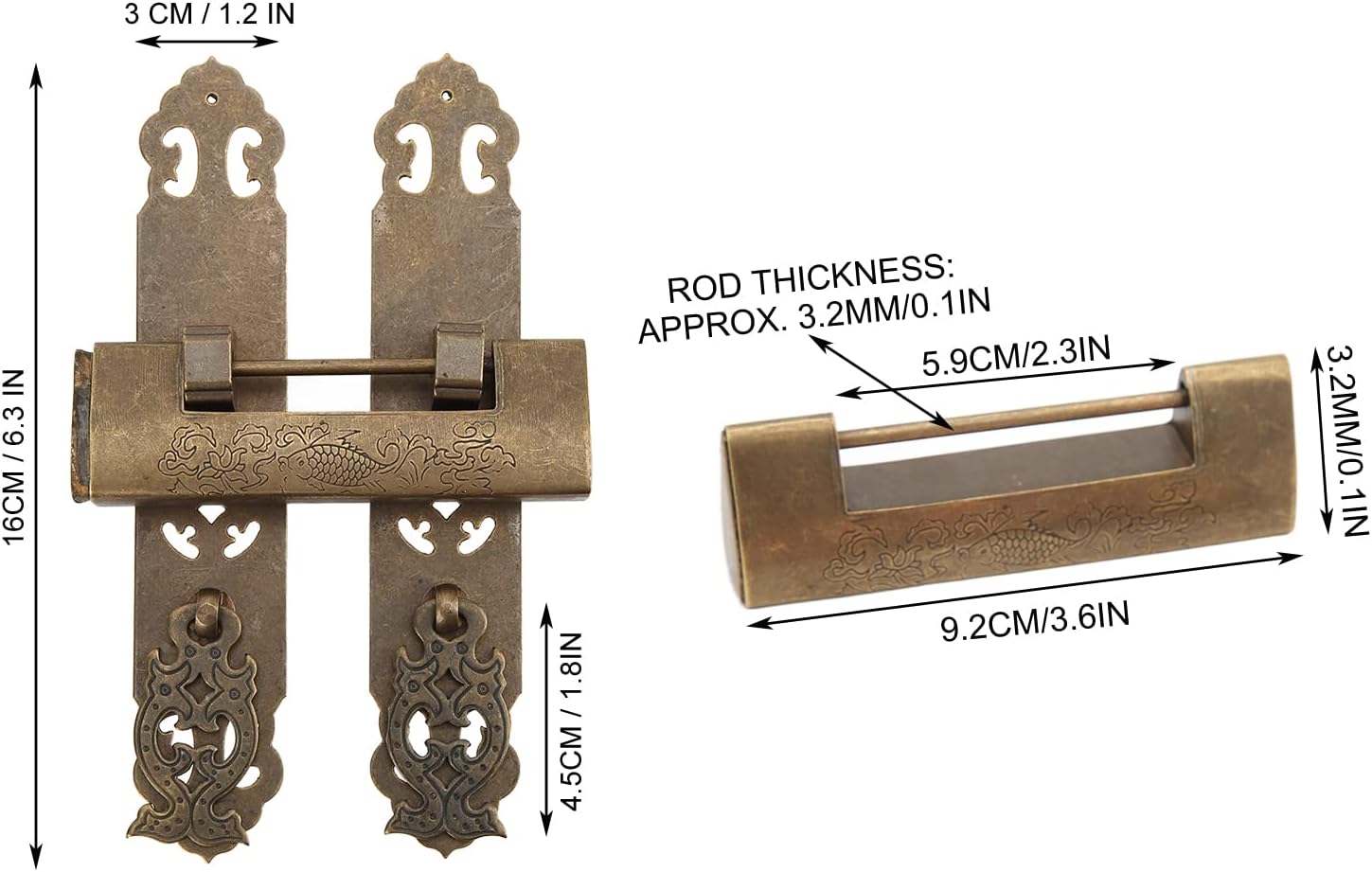 Vintage Lock, Padlock [Key],Gate Chain Lock, Chinese Antique Lock Set, Bronze Color 3.2cm/1.3in Lock Height Antique Padlock Handles Set for Tool Boxes for Jewelry Boxes
