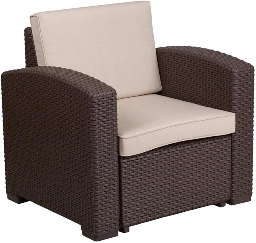 BOWERY HILL Contemporary Wicker Patio Chair, Chocolate Brown Resin Frame and Beige All-Weather Cushions, Deep Seated Comfort, Removable Cushion Cover, 32" H x 32.75" W x 28" D for Outdoor Use