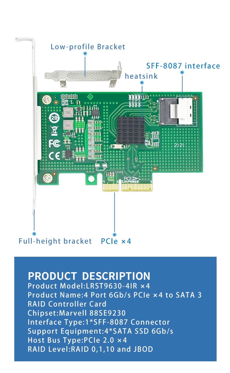 Karta RAID SATA PCIe x4, 4 porty 6 Gb/s, Marvell 88SE9230, obsługa RAID 0/1, SFF-8087