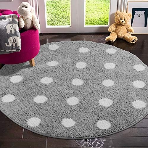 LIVEBOX Polka Dots Round Area Rugs, 3ft Diameter Kids Play Mat Soft Plush Baby Crawling Mat Non-Slip Throw Carpet for Teen Girl Living Room Bedroom Playroom Nursery Decor Best Shower Gift(Gray)