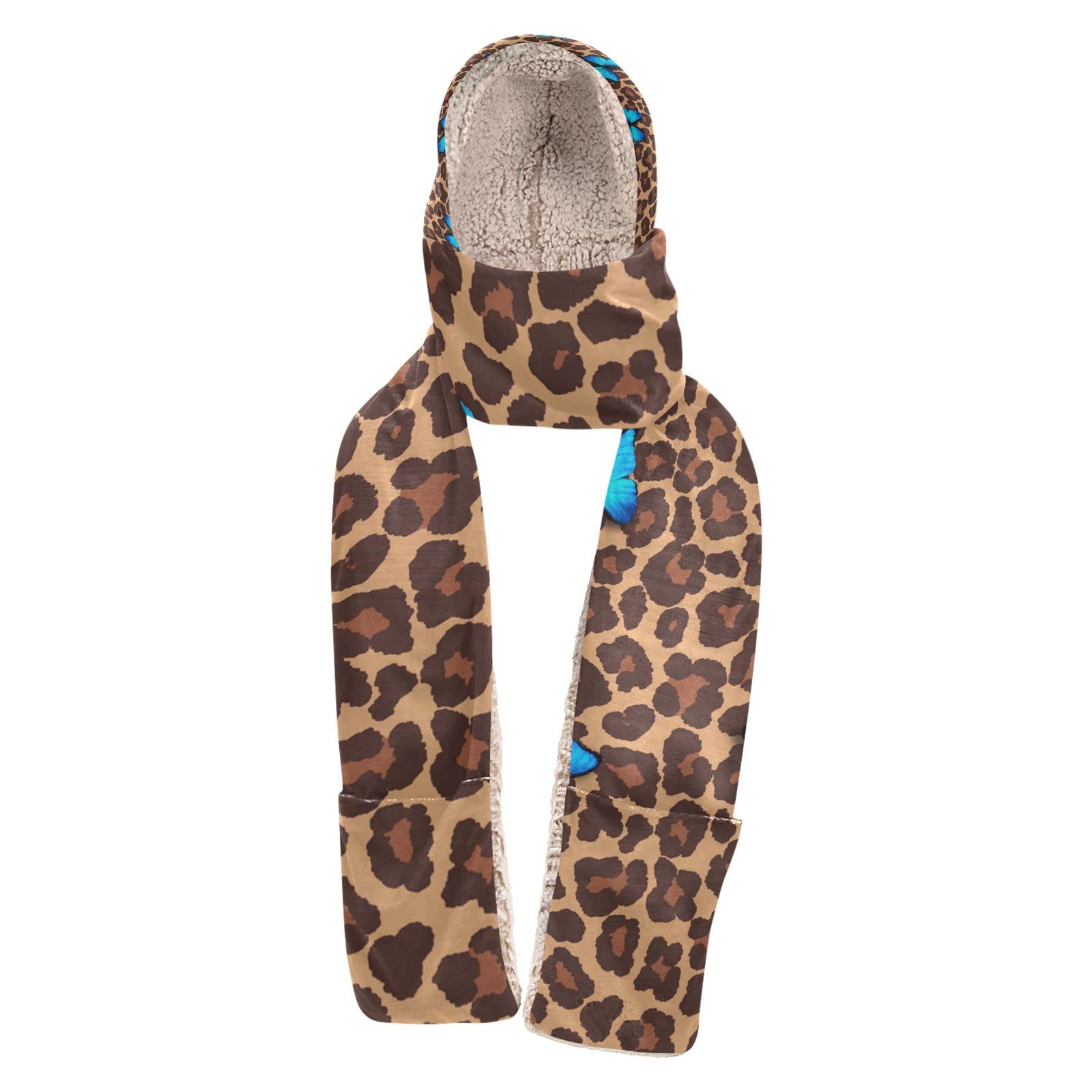 Women Winter Warm Hoodie Hat Scarf Gloves Pocket Warm Hat Butterfly Leopard Cheetah Long Scarf Wraps(227be1c)