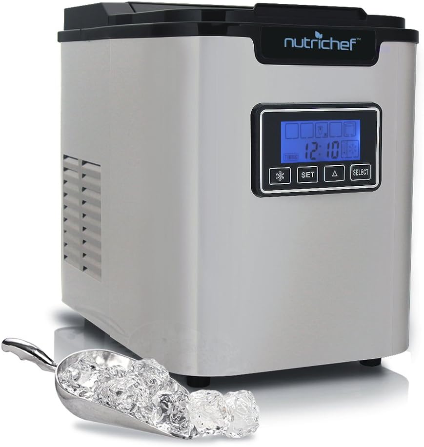 Upgraded Digital Ice Maker Machine - Portable Stainless Steel, Stain Resistant Countertop w/Built-In Freezer, Over-Sized Ice Bucket Ice Machine w/Easy-Touch Buttons, Silver - NutriChef PICEM62