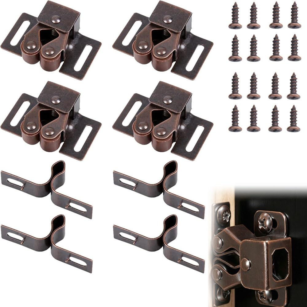 4 Pack Double Roller Cabinet Catch, Heavy Duty Steel Nylon Quiet Soft Close Latch with 16 Screws, Smooth Silent Door Hardware Replacement for Kitchen Cupboard Closet Cabinet Door, Black Red โ image 1