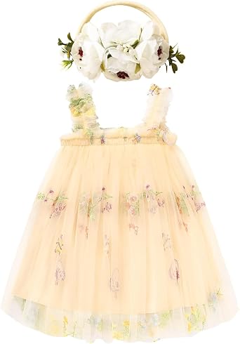 GRNSHTS Toddler Baby Girl Tutu Dress Sleeveless Floral Print Tulle Dress Little Girl Princess Dresses with Flower Headband