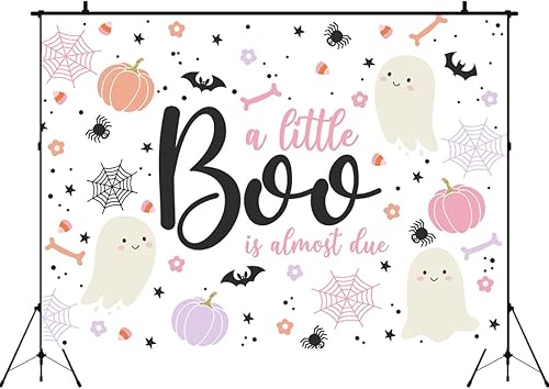 Miniatura 3 de Aperturee Telón de fondo de Halloween de 5 x 3 pies para baby shower de Halloween, A Little Boo is Almost Due Blush Pink Calabaza, Calavera, Tela,