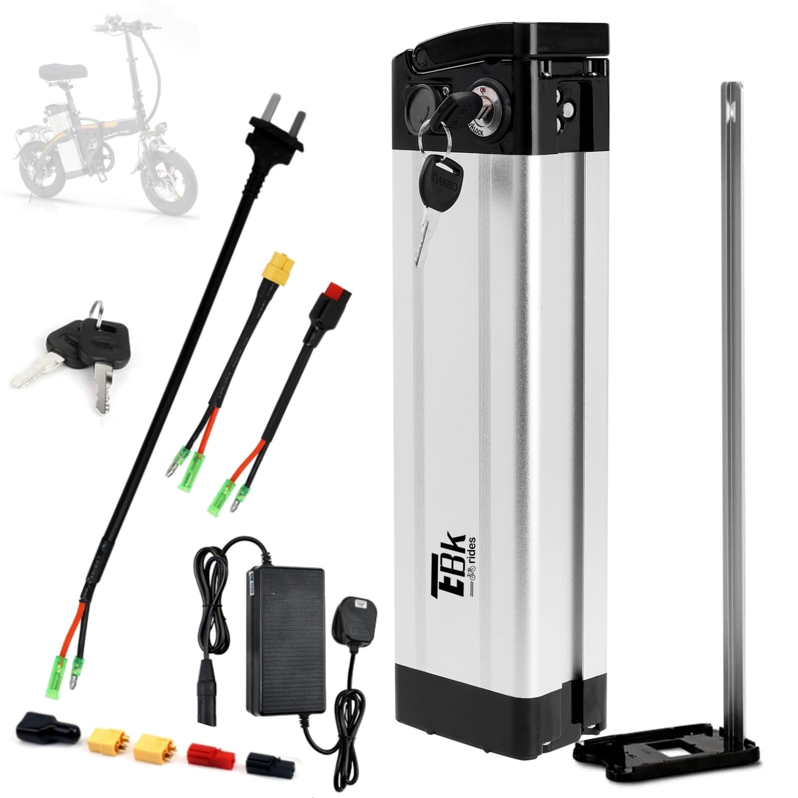 (UK Stock) Ebike Battery with Charger, 36V 20AH Electric Folding Bicycle Removable Lithium-Ion Battery Long Range 2 Ports Discharge with Safe Lock, Portable Handle
