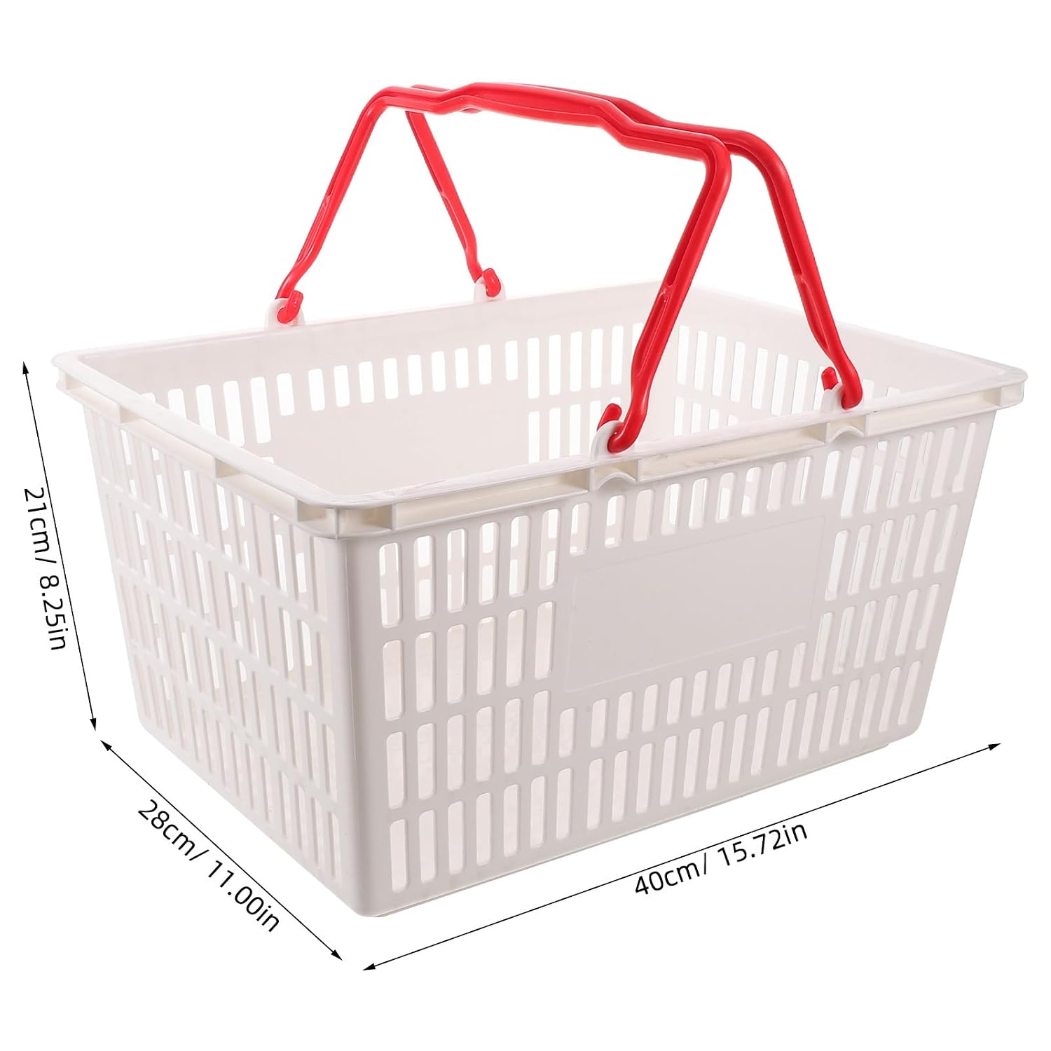 Shopping Hand Basket with Red Handle - 17L Rectangular White Plastic Handheld Grocery Baskets for Retail Stores, Small Business, and Market Shopping