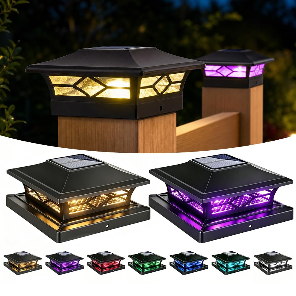 YOFHPT 2PCS Solar Post Lights Garden, RGB Fence Post Solar Light with White & Warm White Color, IP64 Waterproof Fence Post- Caps Lamp 4x4/6x6in Wooden & 4x4in Vinyl Posts for Garden Patio Yard