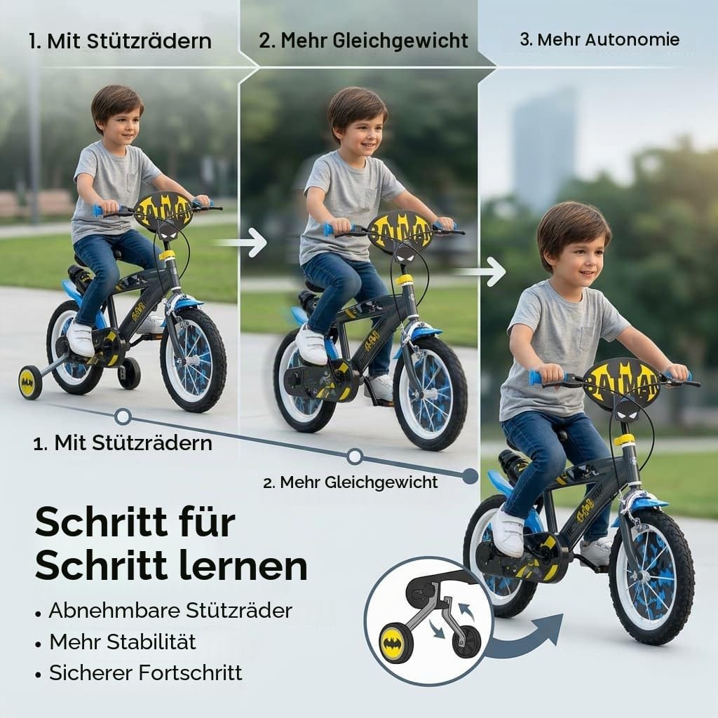 Toimsa Kinderfahrrad Batman 14 Zoll Schwarz/Blau/Gelb | Felgenbremse Trommelbremse Stützräder Speichenschutz Trinkflasche | Alter 4-6 Jahre