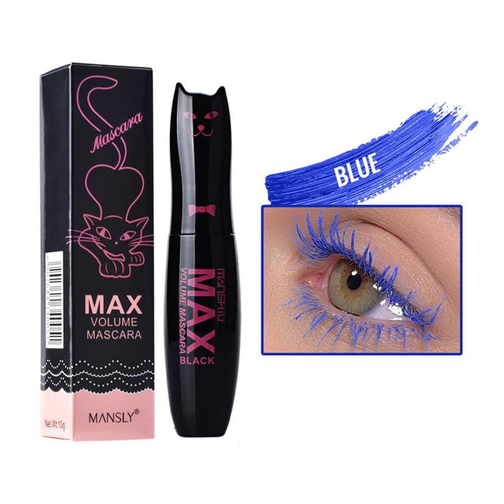 Volume Curling Mascara, 4 Colors Waterproof Smudge-proof Thickening Lengthening Liquid Lash Extensions, Natural Long-Lasting Eye Makeup Tool Set for Women Girls (Blue)