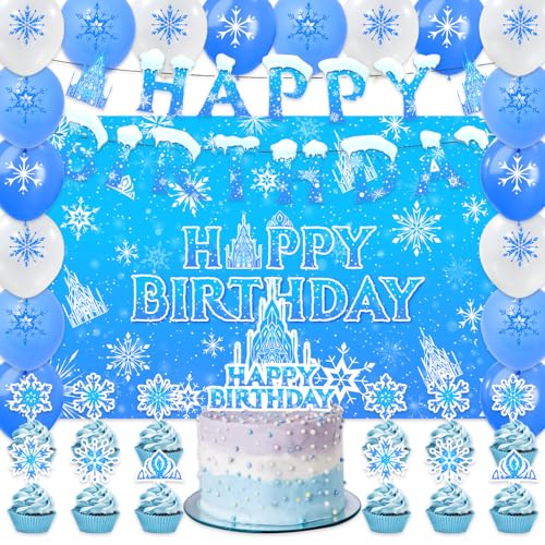 42Pcks Frozen Wonderland Party Decoration,Includes Birthday Banner,Cake Topper,Blackdrop,Balloons for Snowflake party Supplies by MASGY - Used condition - US$10.27