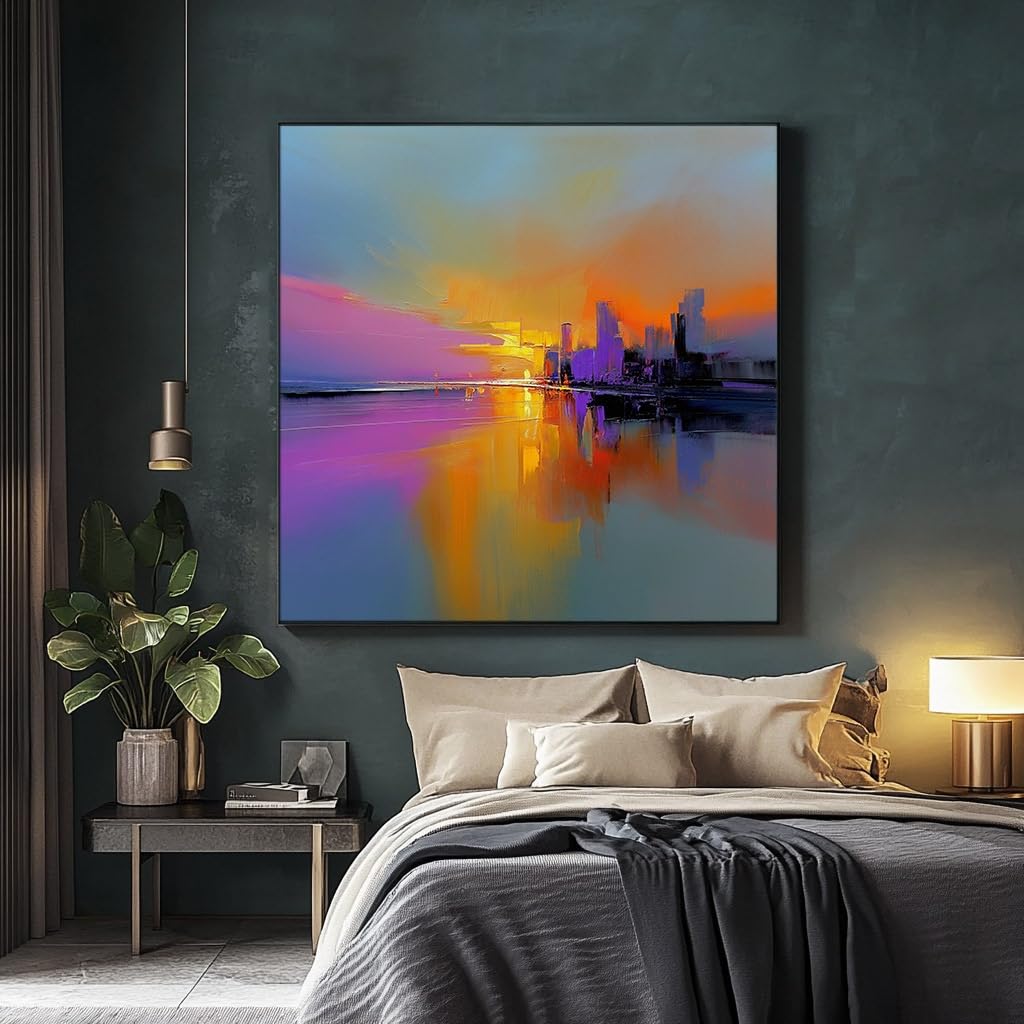 GKRXNZC City Abstract Landscape Canvas Wall Art Glass And Golden During Sunset, with Reflections on The Water in Hues, for Bedroom(50x50cm/20x20in(WxH)/No frame)