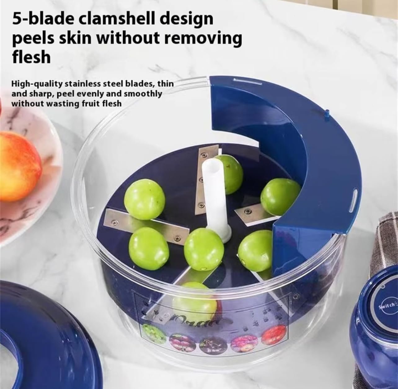 Sbucciatore Elettrico Automatico per Frutta e Verdura, Pelapatate con 5 Lame in Acciaio Inox, 50W, Ricaricabile, Blu, 10-25 Secondi