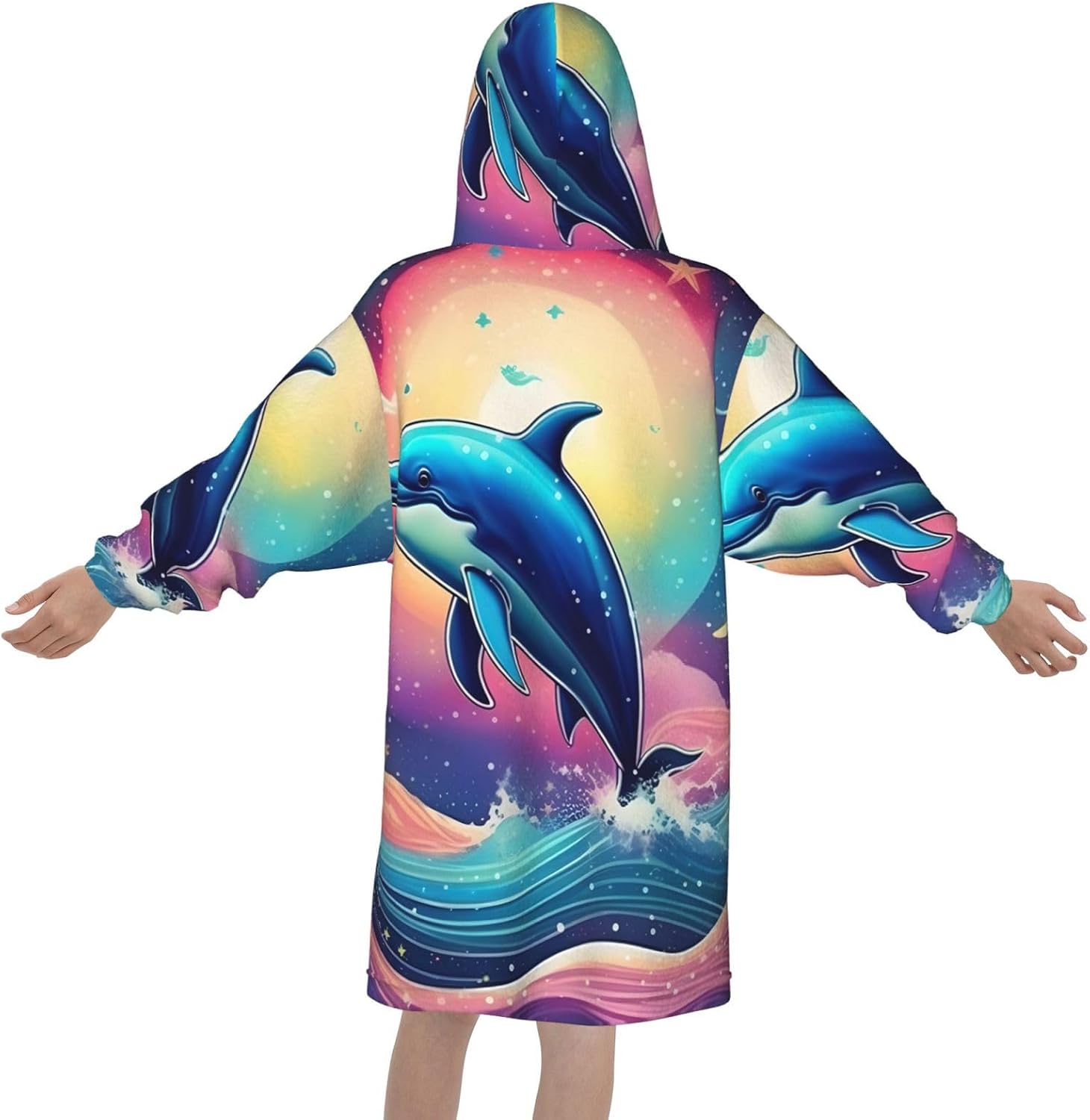 Colorful Starry Sky Ocean Dolphin Print Oversized Blanket Hoodie, Wearable Blanket Hooded,Hooded Pullover With Pocket