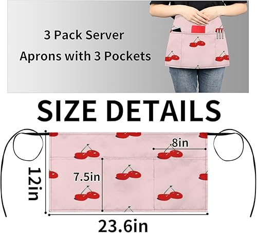 Miniatura 4 de Paquete de 3 delantales de servidor con estampado de cerezas, con 3 bolsillos, impermeables, delantales de media cintura para mujer, para cocinar,