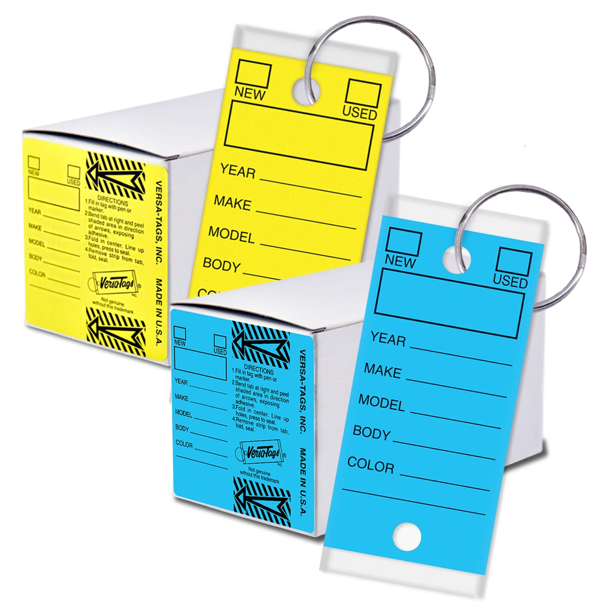 VERSA-TAGS Genuine Automotive Dealership Write-On Self-Laminating Key Tags – 250 Yellow & 250 Blue Vehicle Lot Tags, Protection, Writable, Durable Labeling, Rings Included – Made in The USA