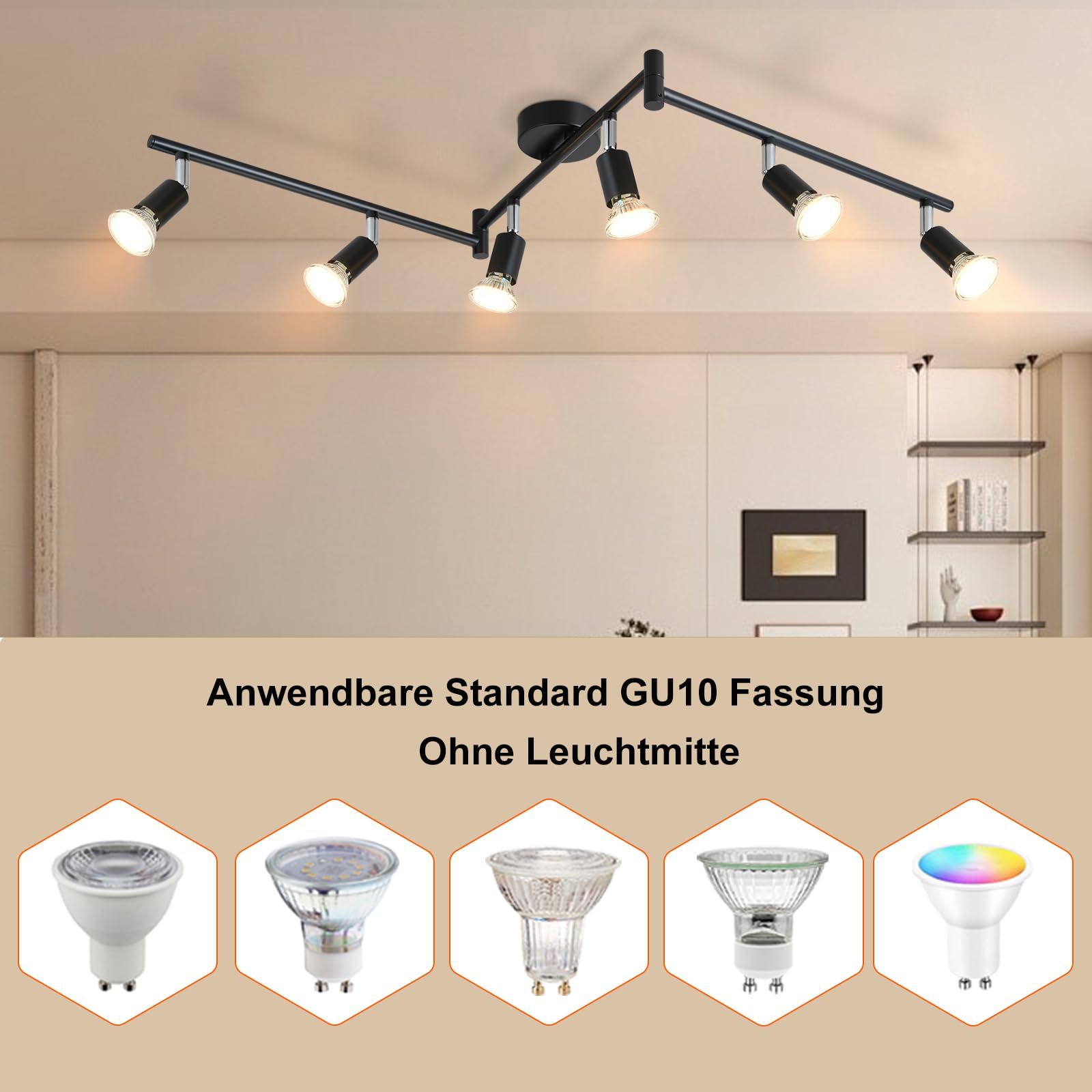LED Plafoniera 6 Faretti Lampada Spotlight Soffitto GU10 | Girevole 330° Lampadario Industriale Parete Nero Soggiorno Cucina Salotto, Lampadina Non Inclusa