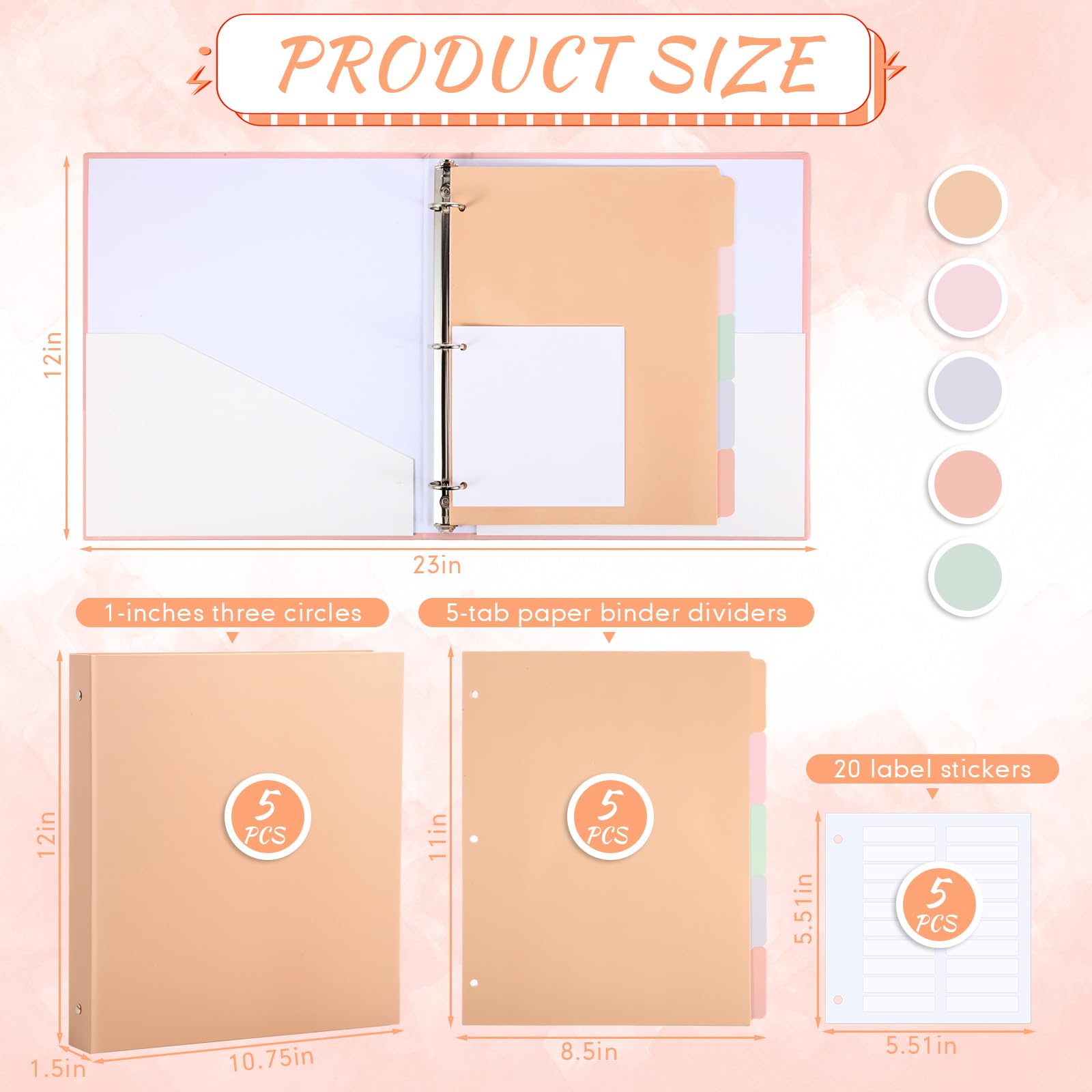 Ctosree Lot de 5 classeurs robustes à 3 anneaux de 2,5 cm avec 2 poches avec 5 intercalaires de 21,6 x 27,9 cm en film plastique et étiquettes de classeur pour papier format lettre, fournitures