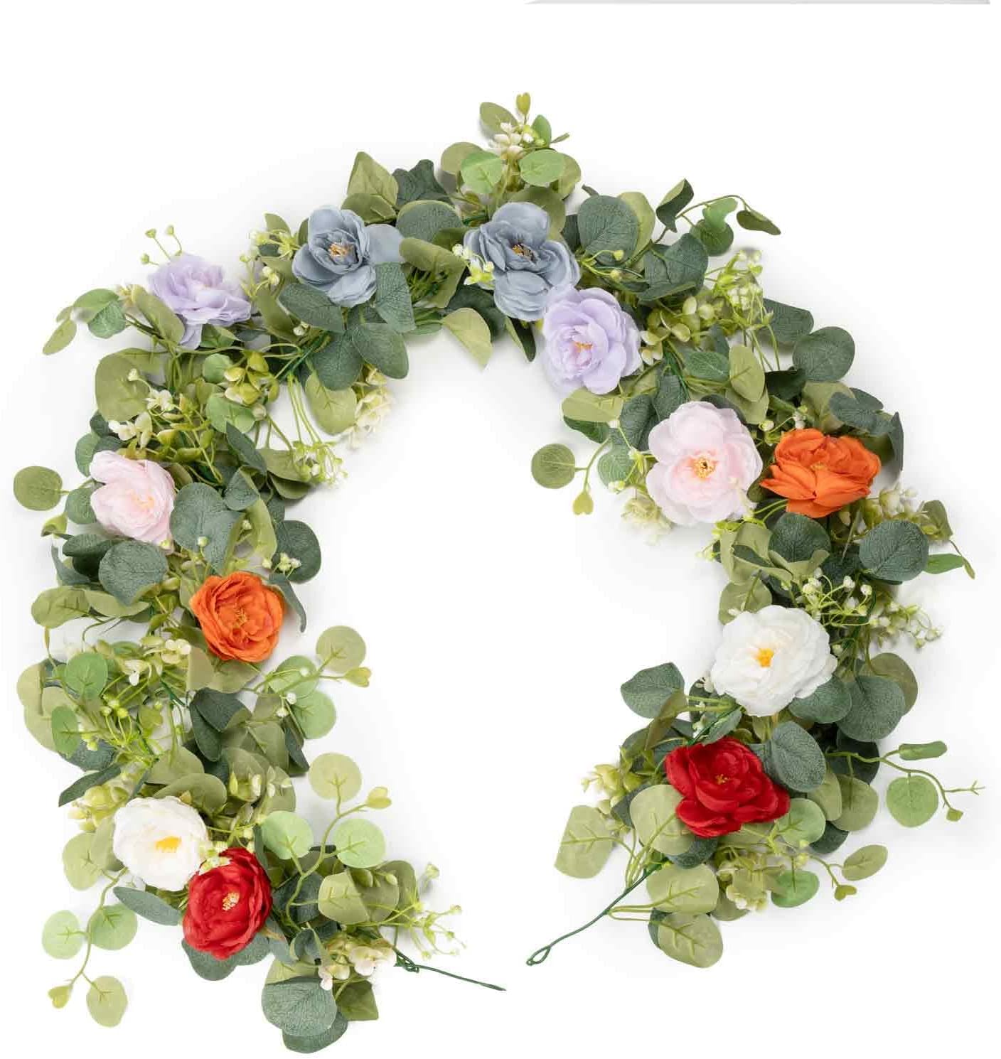 JDKPK 2-Pack 10FT Artificial Eucalyptus Garlands with Colorful Roses - Faux Greenery Vines for Wedding Arch, Party, Table Decor