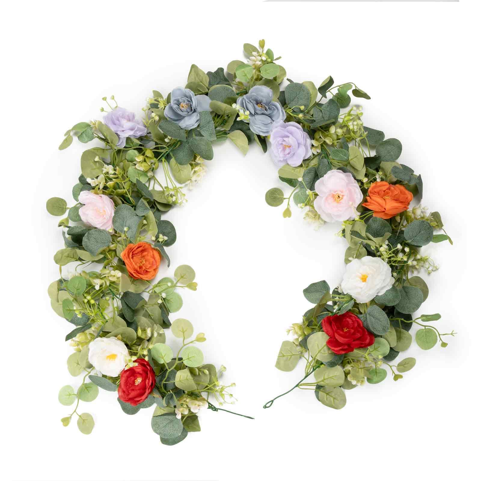 JDKPK 2Pcs(10FT) Artificial Eucalyptus Garlands with Rose Flowers, Faux Floral Greenery Garland Fake Flower Vines for Valentine's Day Wedding Table