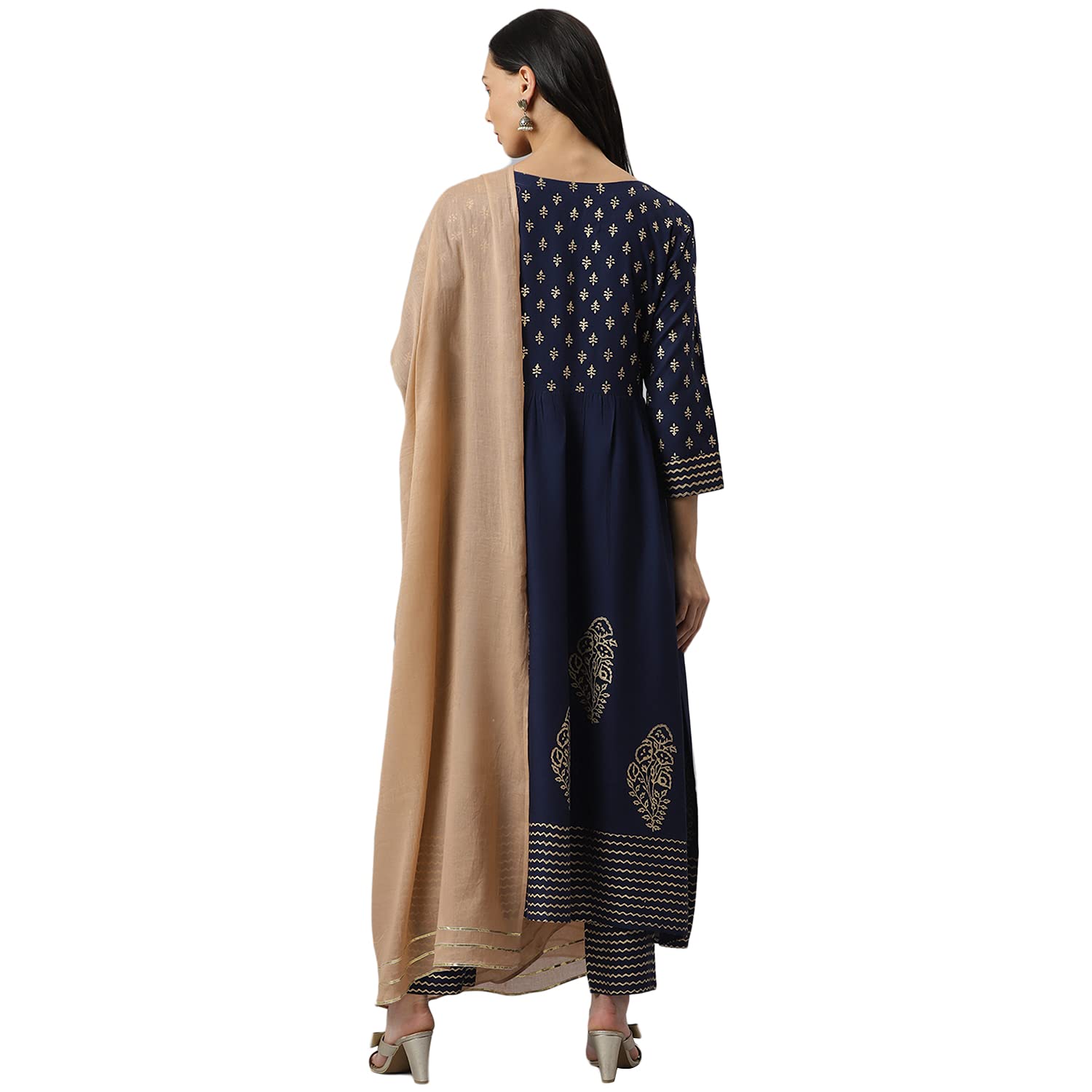 Stylum Women's Gold Printed Rayon Flared Kurta Pant Dupatta Set (Kpdnanonavy38_Navy Blue, M)