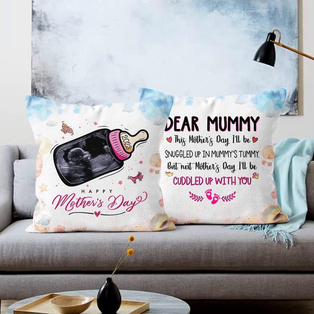 Personalized Square Pillow for Mommy from Baby Bump Pregnancy Gifts This Mother's Day I Will Be Snuggled Baby Ultrasound Baby Bottle Custom Name & Photo Double Sided Cushion On Mothers Day