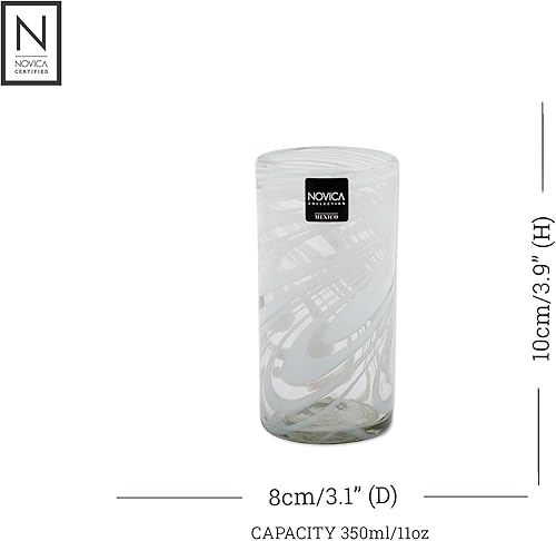 Miniatura 2 de NOVICA Whirling White (juego de 6) vasos de vidrio soplado Highball
