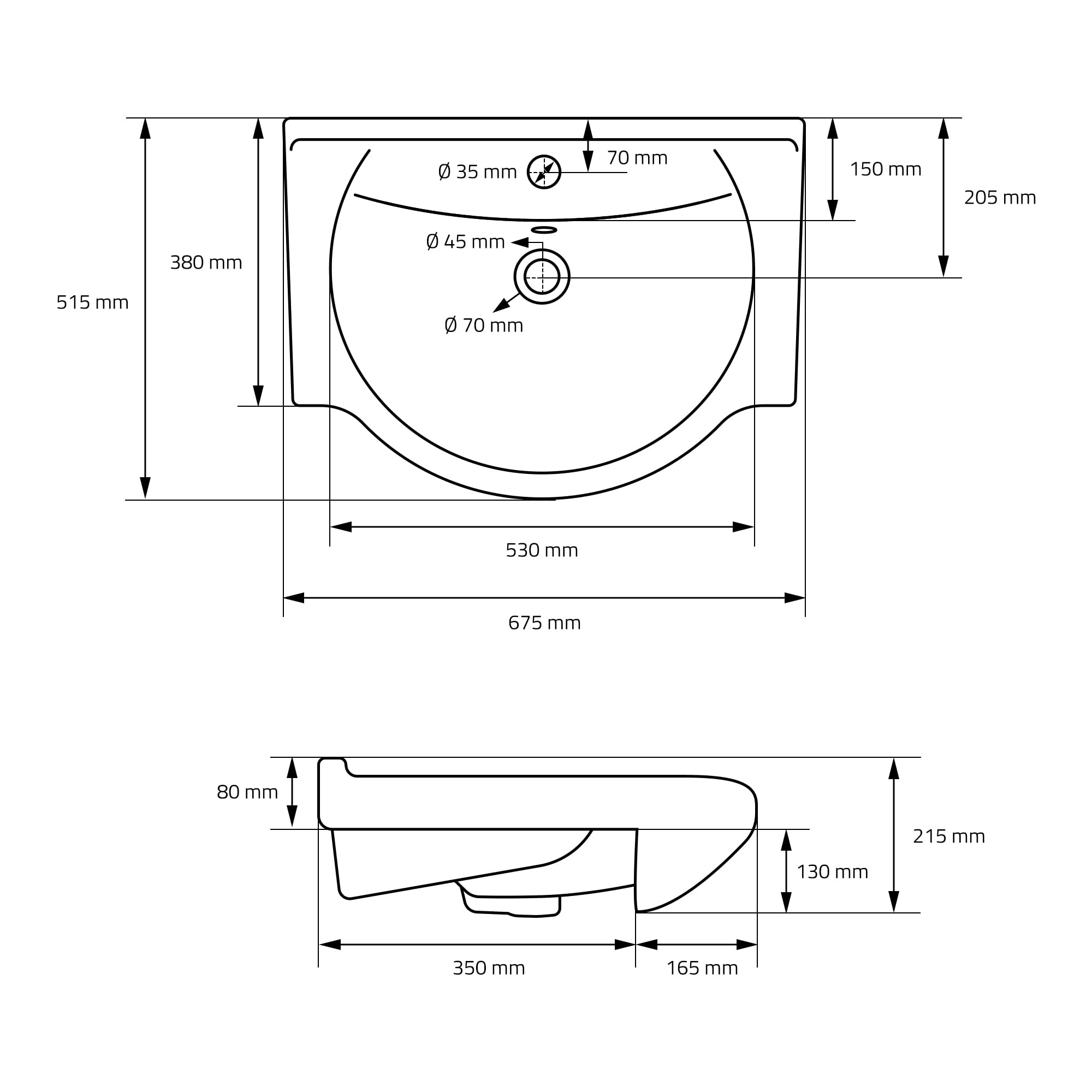 ML-Design Lavabo In Ceramica Bianca 67,5 X 21,5 X 51,5 Cm Lavandino Da Incasso Moderno Bacinella Lavamani Arredo Per Il Bagno E Toilette Lavello Con Scarico Standard Foro Per Rubinetto E Troppopieno