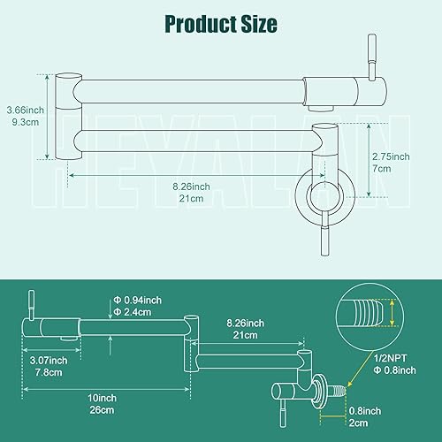Miniatura 10 de Heyalan Grifo de restaurante de cocina cromado pulido de 19 pulgadas montado en la pared plegable estirable doble articulación brazo oscilante de un