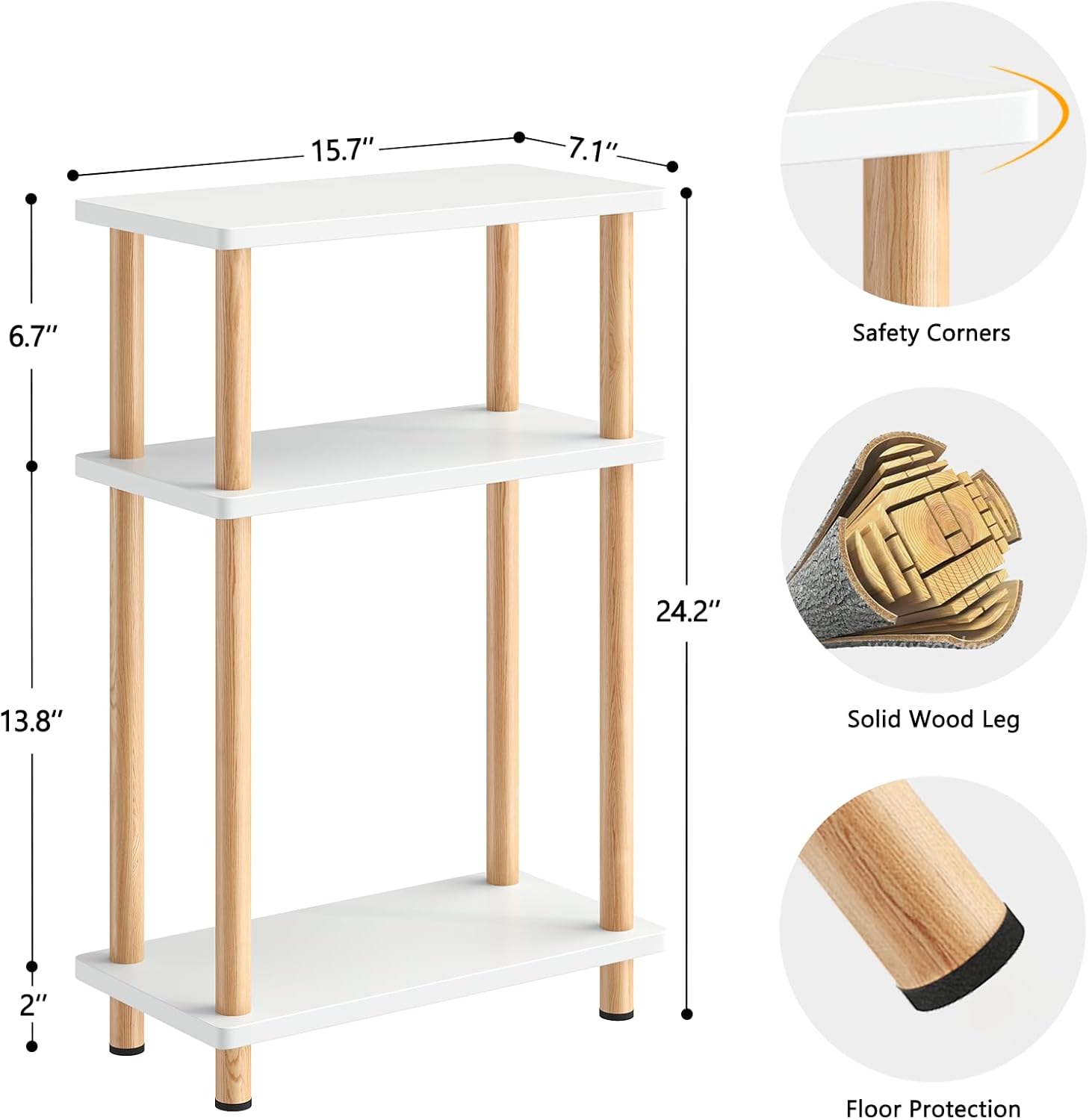 Apicizon 3 Tier End Table, Narrow Side Table with Storage Shelf, Bedroom, Living Room, Entryway, Farmhouse, White and Natural