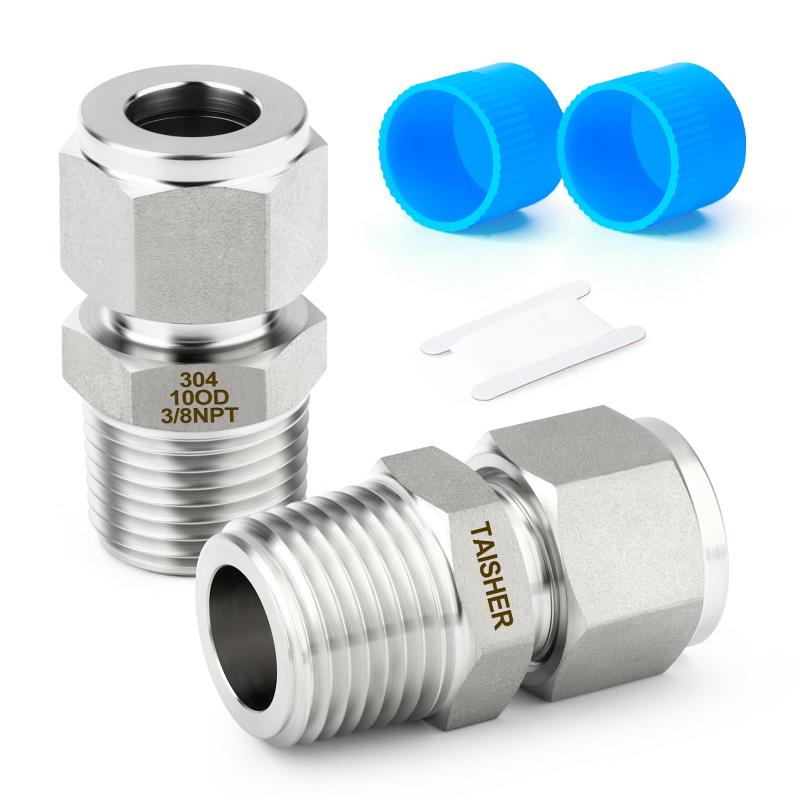 TAISHER 2PCS 304 Stainless Steel Compression Tube Pipe Fitting Connector, 10MM Tube OD x 3/8" NPT Male Straight Adapter